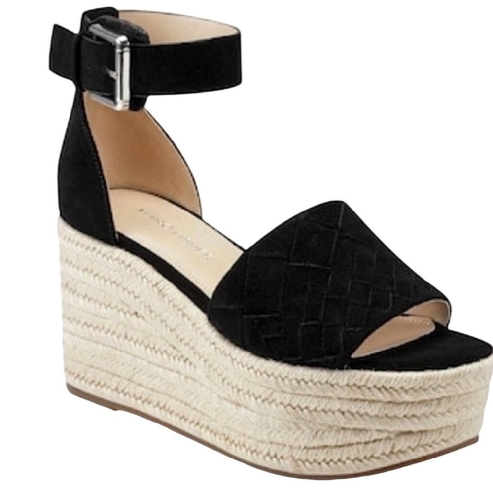 Marc Fisher Vixta Black Suede Woven Espadrille Wedge Sandals 8.5M